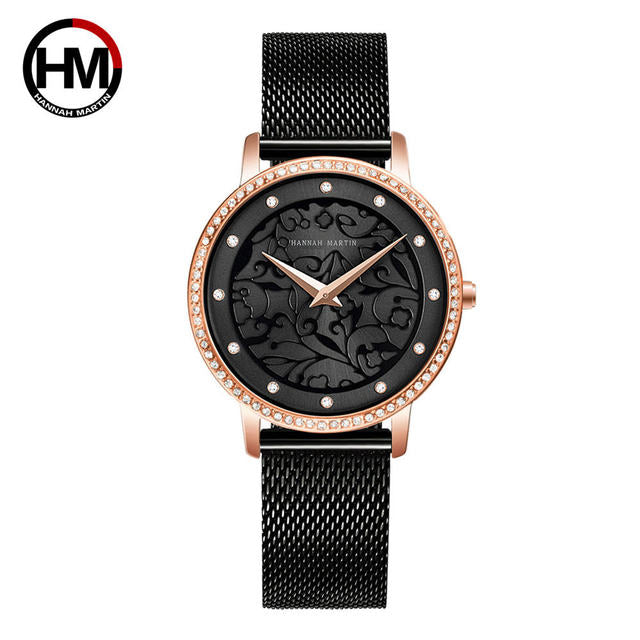 Elegant women's leather wristwatch featuring 3D engraving and Japanese quartz movement, designed for fashion and casual wear.