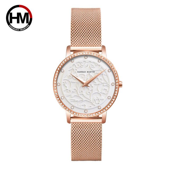 Elegant women's leather wristwatch featuring 3D engraving and Japanese quartz movement, designed for fashion and casual wear.