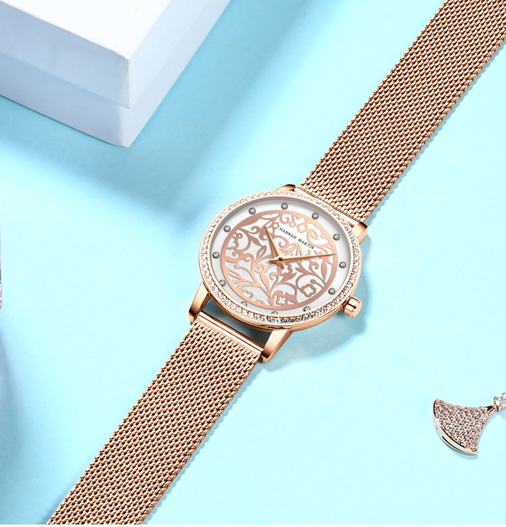 Elegant women's leather wristwatch featuring 3D engraving and Japanese quartz movement, designed for fashion and casual wear.