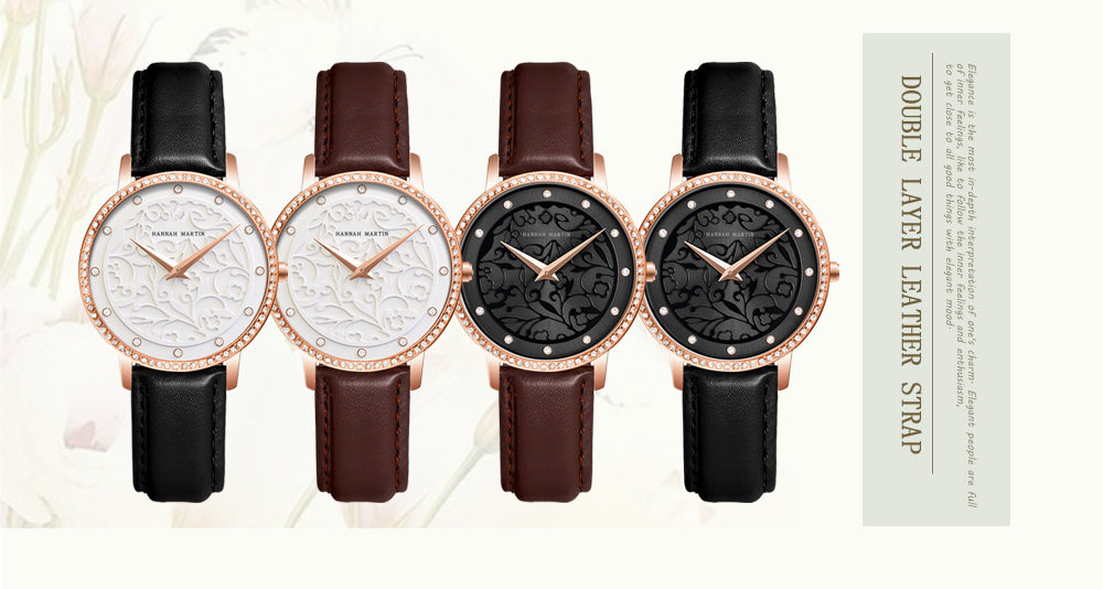 Elegant women's leather wristwatch featuring 3D engraving and Japanese quartz movement, designed for fashion and casual wear.