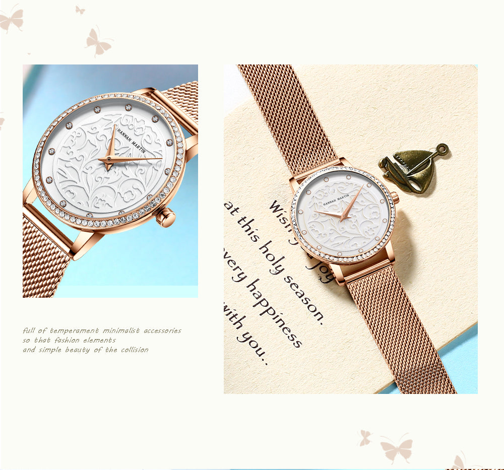 Elegant women's leather wristwatch featuring 3D engraving and Japanese quartz movement, designed for fashion and casual wear.