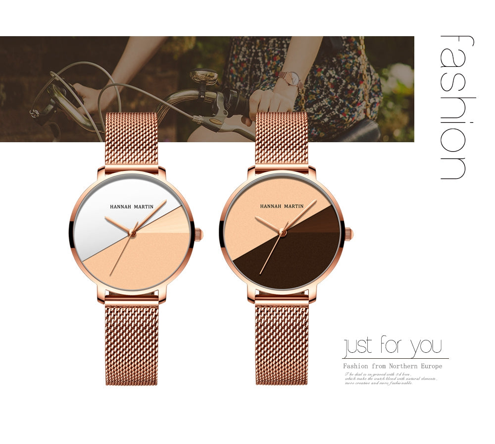 Luxury women's watch featuring Japan Quartz movement and stainless steel band, showcasing a stylish splice dial.