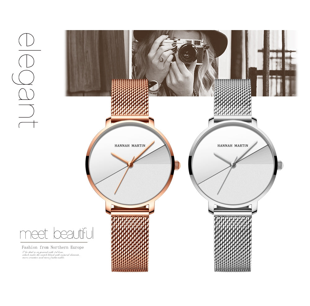 Luxury women's watch featuring Japan Quartz movement and stainless steel band, showcasing a stylish splice dial.