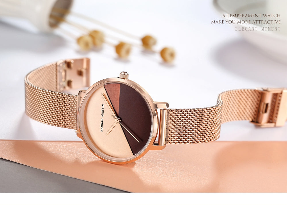 Luxury women's watch featuring Japan Quartz movement and stainless steel band, showcasing a stylish splice dial.