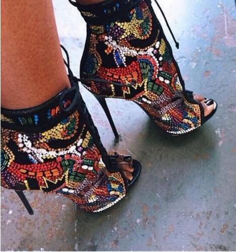 Stylish Women's Multicolor Crystal Ankle Boots with open toe and lace-up design, featuring high heels and rhinestone embellishments.