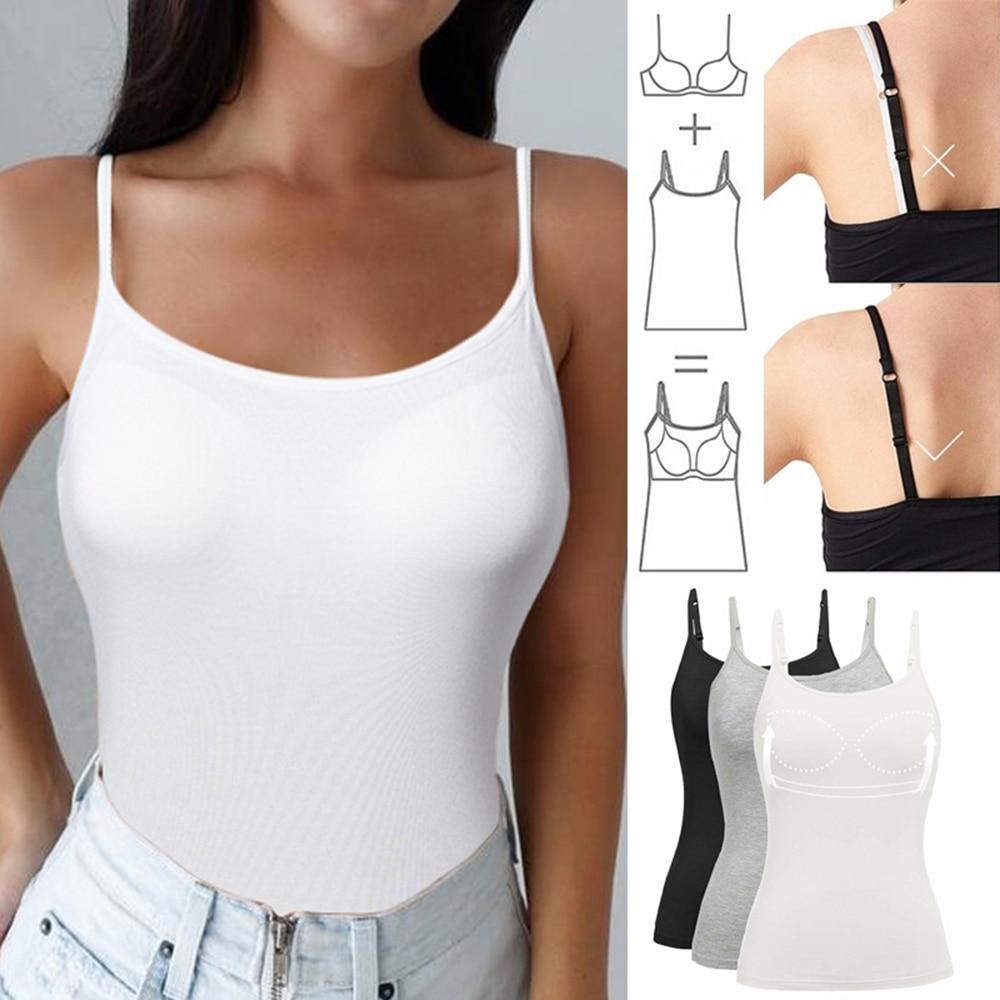 Women's Cotton Camisole with adjustable spaghetti straps and built-in padded shelf bra in black, white, and gray colors.