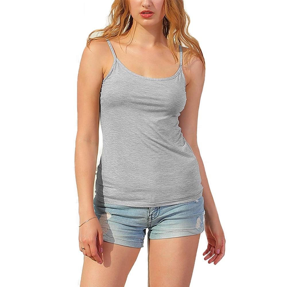 Women's Cotton Camisole with adjustable spaghetti straps and built-in padded shelf bra in black, white, and gray colors.