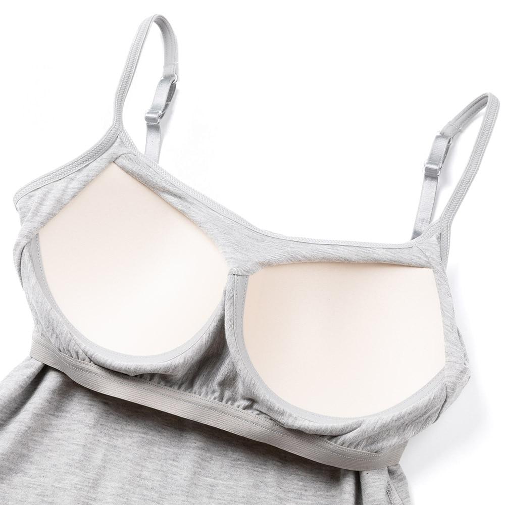 Women's Cotton Camisole with adjustable spaghetti straps and built-in padded shelf bra in black, white, and gray colors.