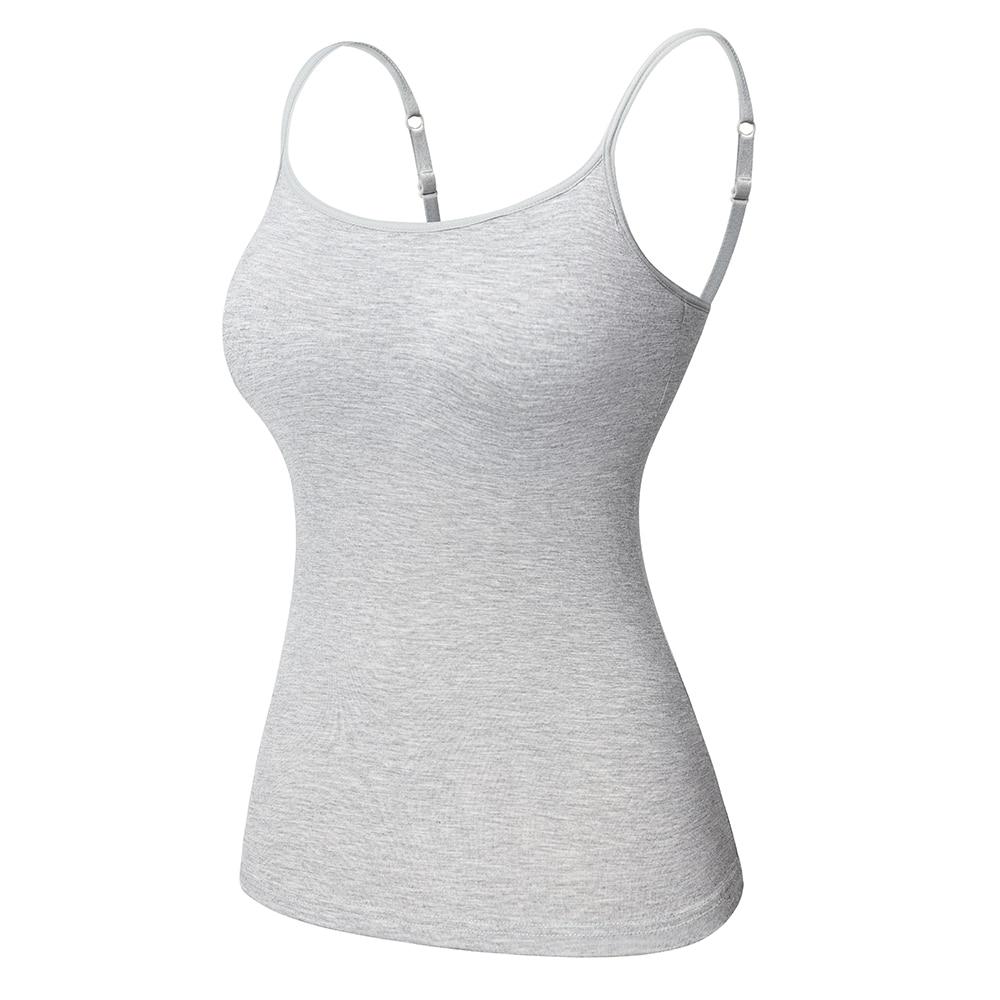 Women's Cotton Camisole with adjustable spaghetti straps and built-in padded shelf bra in black, white, and gray colors.