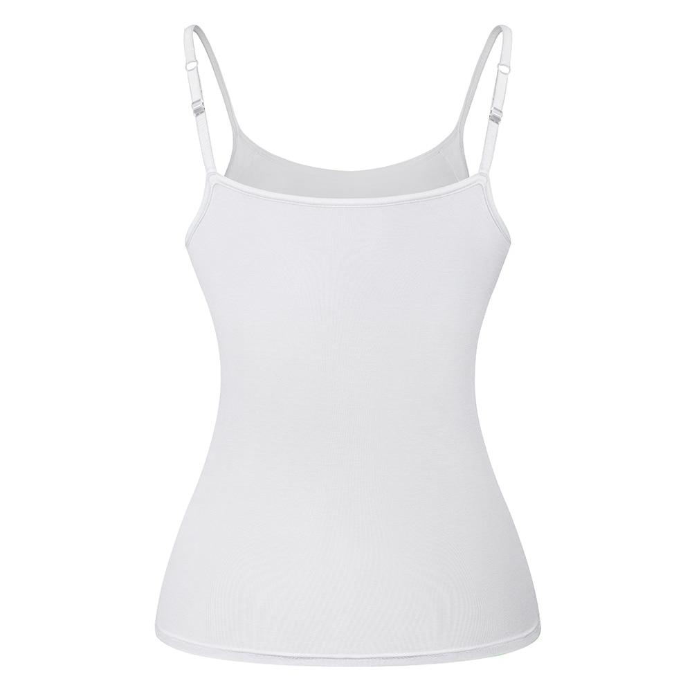 Women's Cotton Camisole with adjustable spaghetti straps and built-in padded shelf bra in black, white, and gray colors.