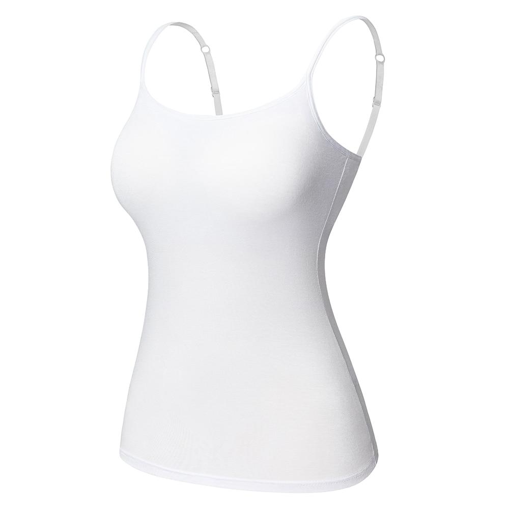 Women's Cotton Camisole with adjustable spaghetti straps and built-in padded shelf bra in black, white, and gray colors.