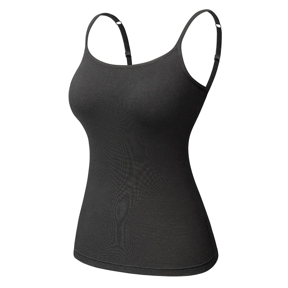 Women's Cotton Camisole with adjustable spaghetti straps and built-in padded shelf bra in black, white, and gray colors.