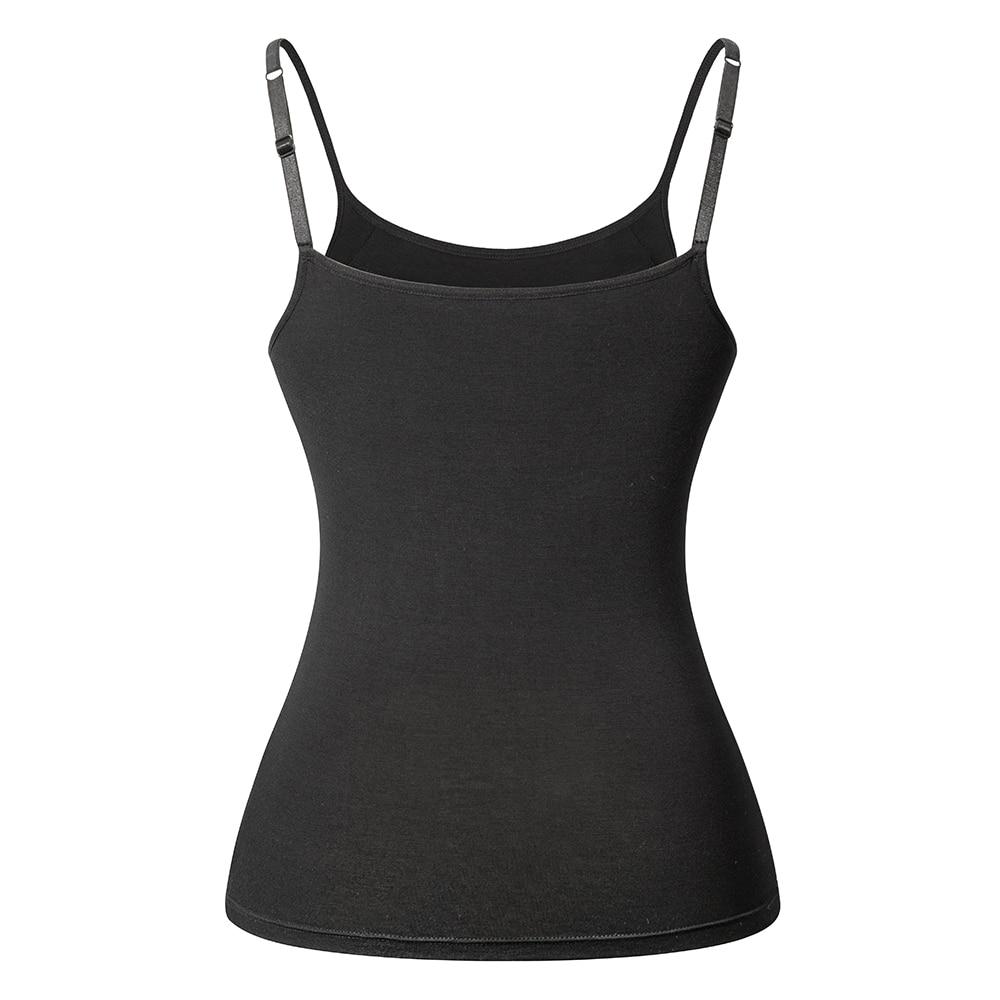 Women's Cotton Camisole with adjustable spaghetti straps and built-in padded shelf bra in black, white, and gray colors.