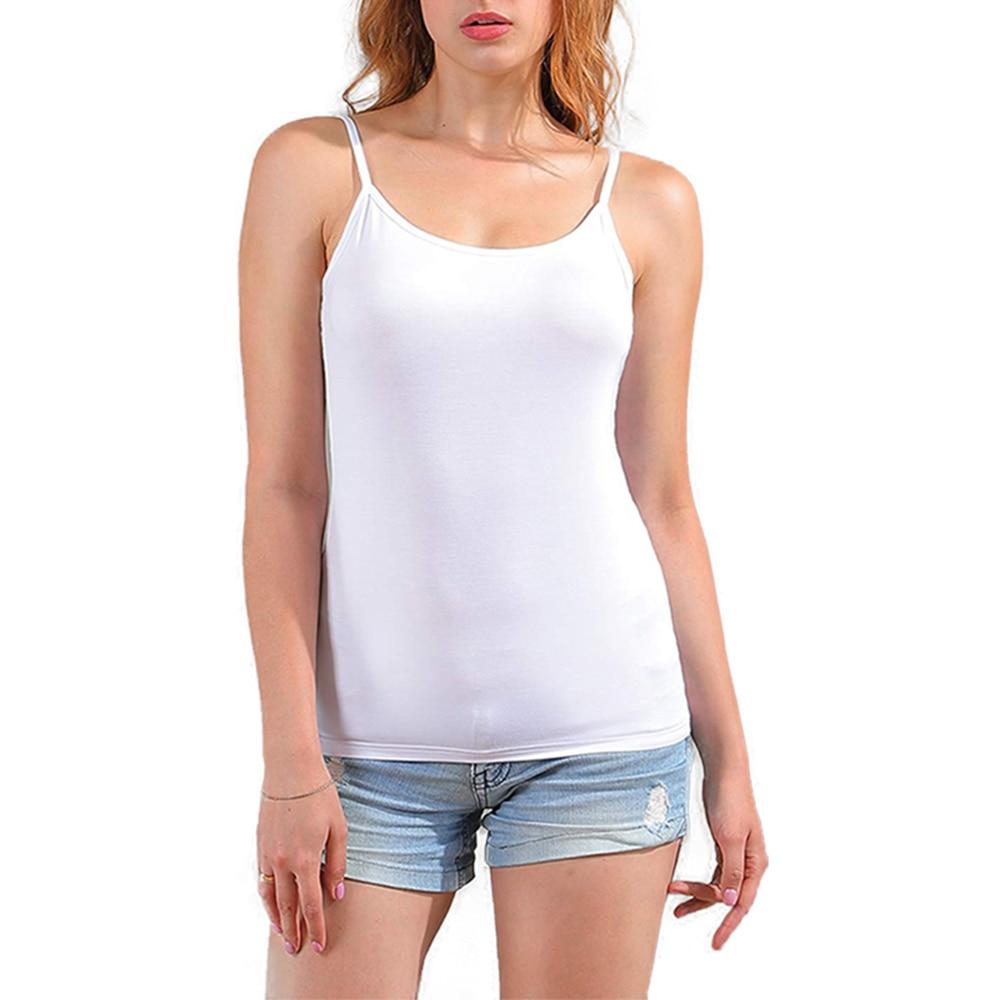 Women's Cotton Camisole with adjustable spaghetti straps and built-in padded shelf bra in black, white, and gray colors.