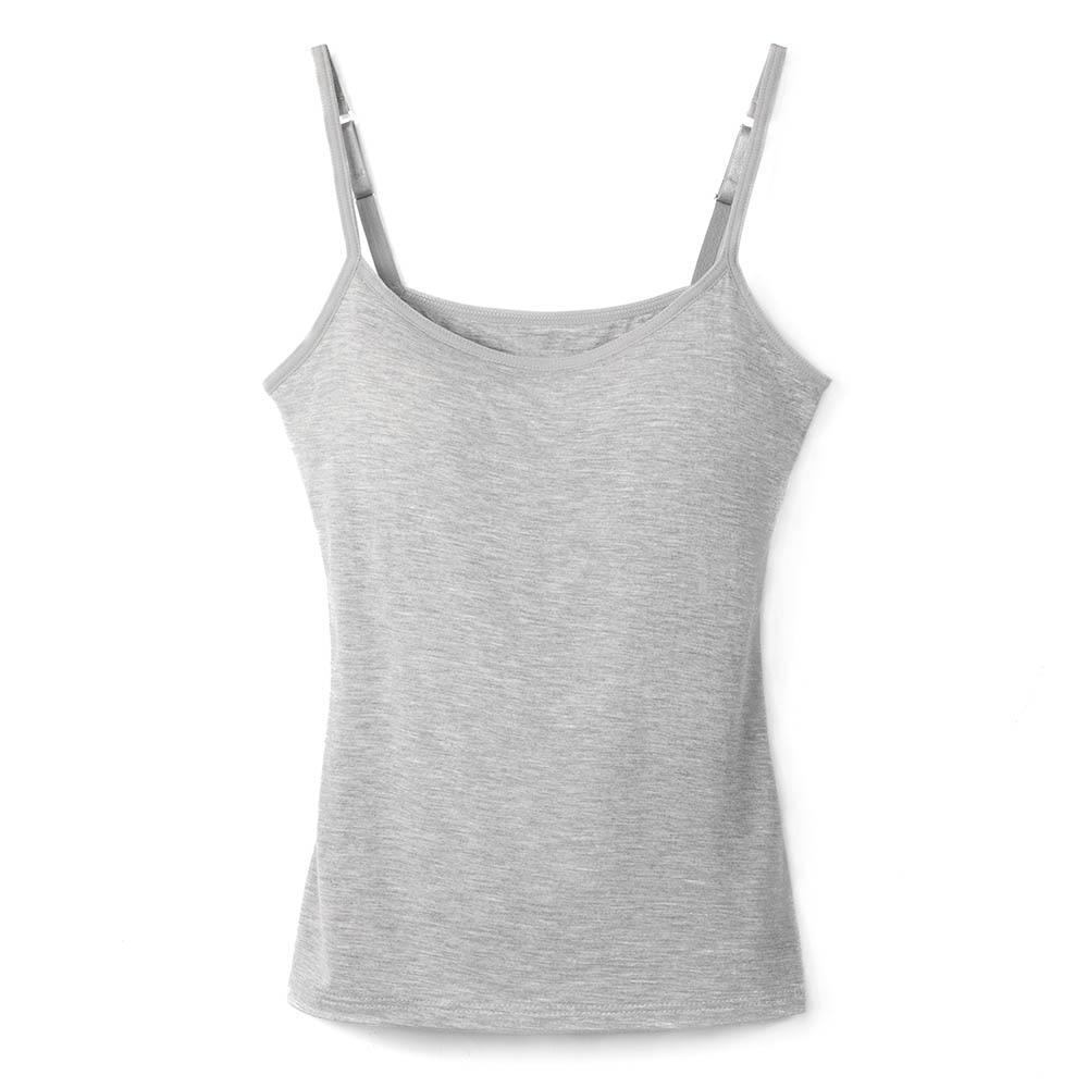 Women's Cotton Camisole with adjustable spaghetti straps and built-in padded shelf bra in black, white, and gray colors.