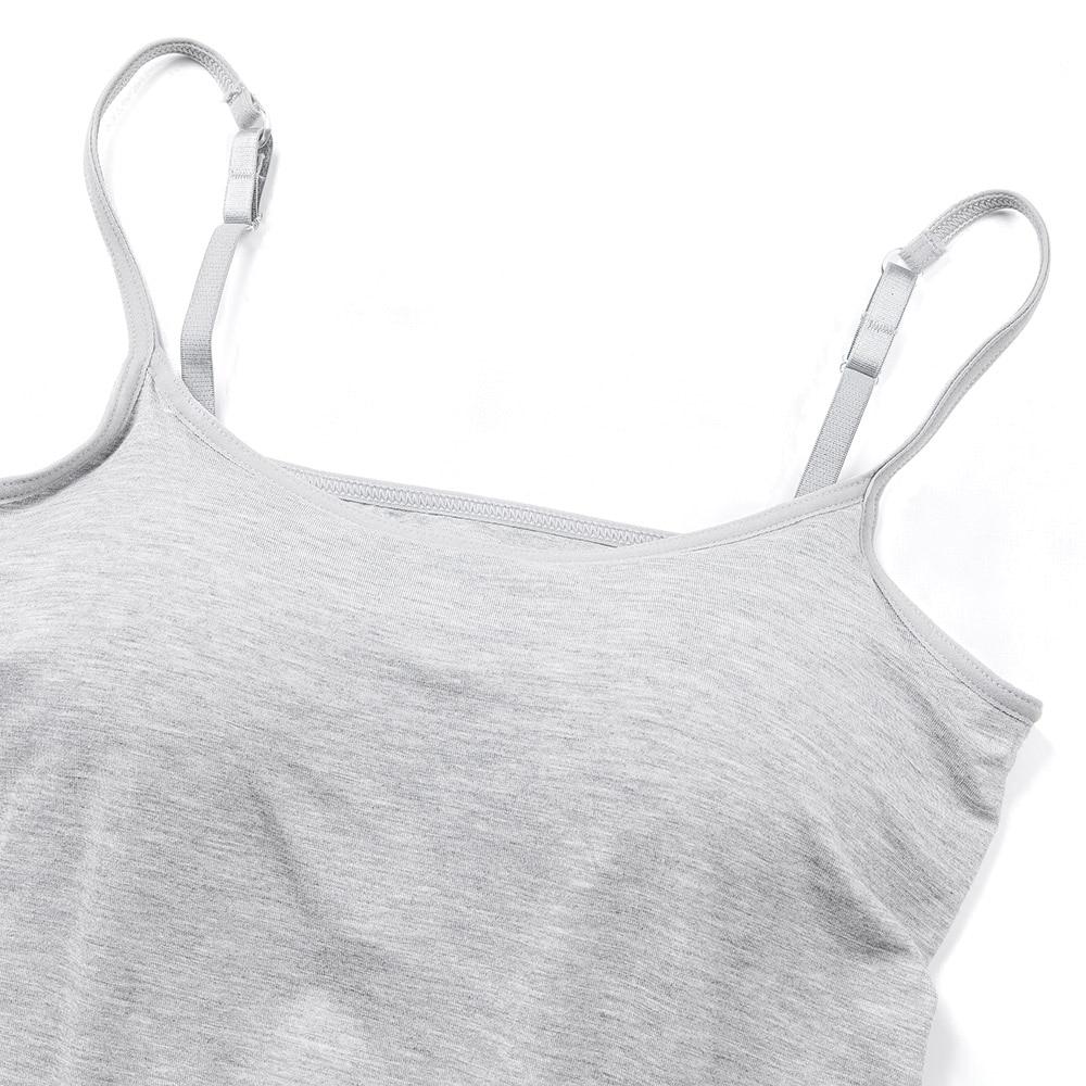 Women's Cotton Camisole with adjustable spaghetti straps and built-in padded shelf bra in black, white, and gray colors.