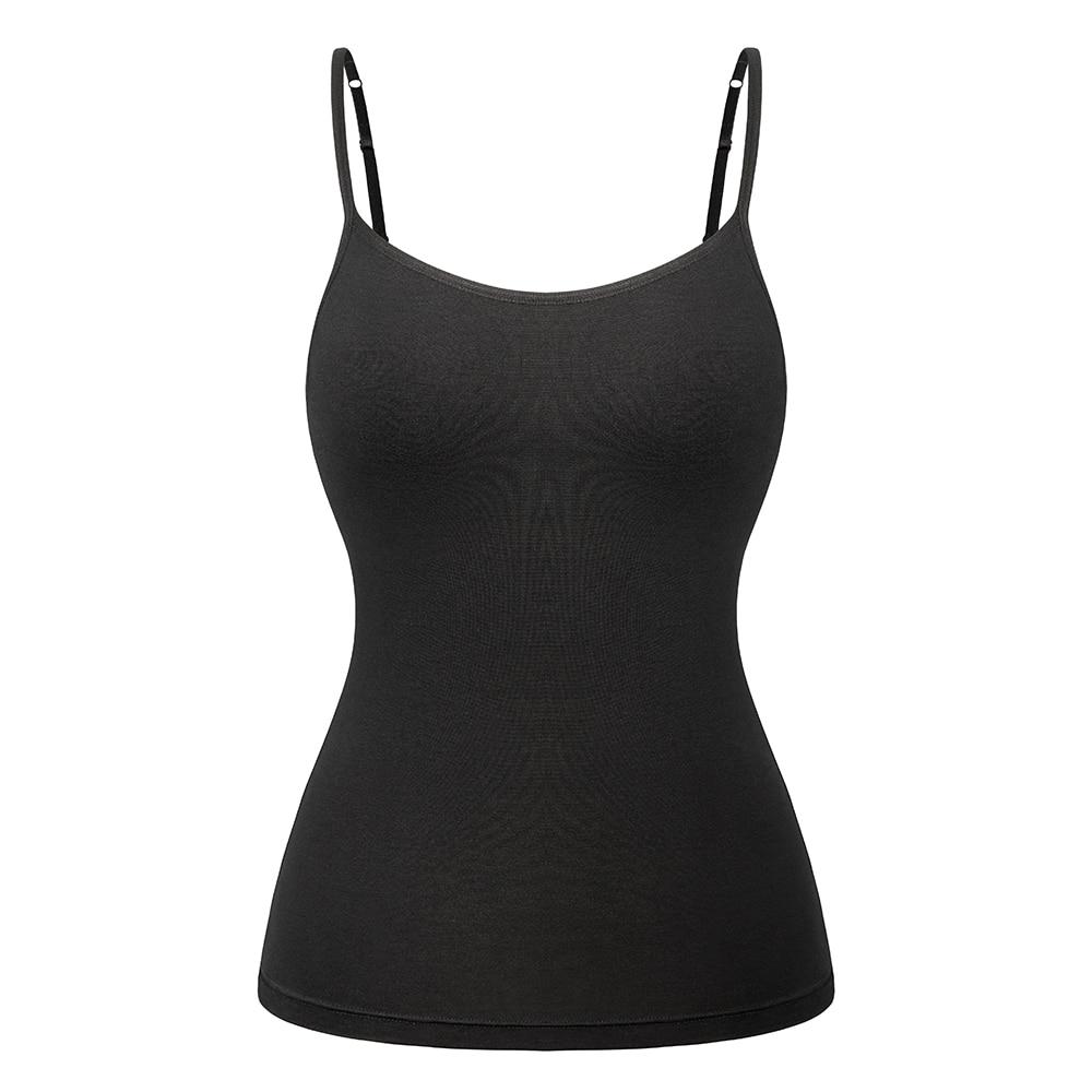 Women's Cotton Camisole with adjustable spaghetti straps and built-in padded shelf bra in black, white, and gray colors.