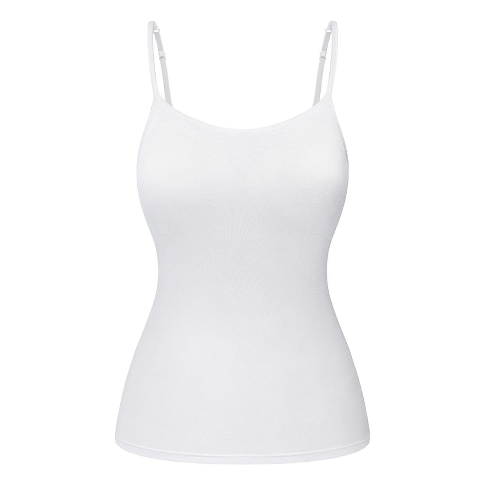 Women's Cotton Camisole with adjustable spaghetti straps and built-in padded shelf bra in black, white, and gray colors.