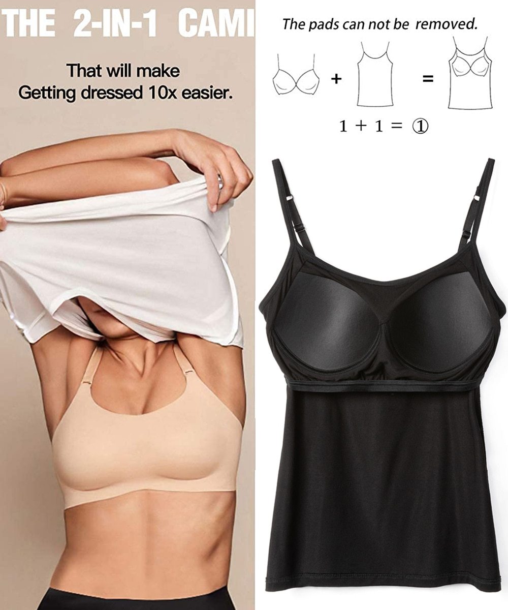 Women's Cotton Camisole with adjustable spaghetti straps and built-in padded shelf bra in black, white, and gray colors.