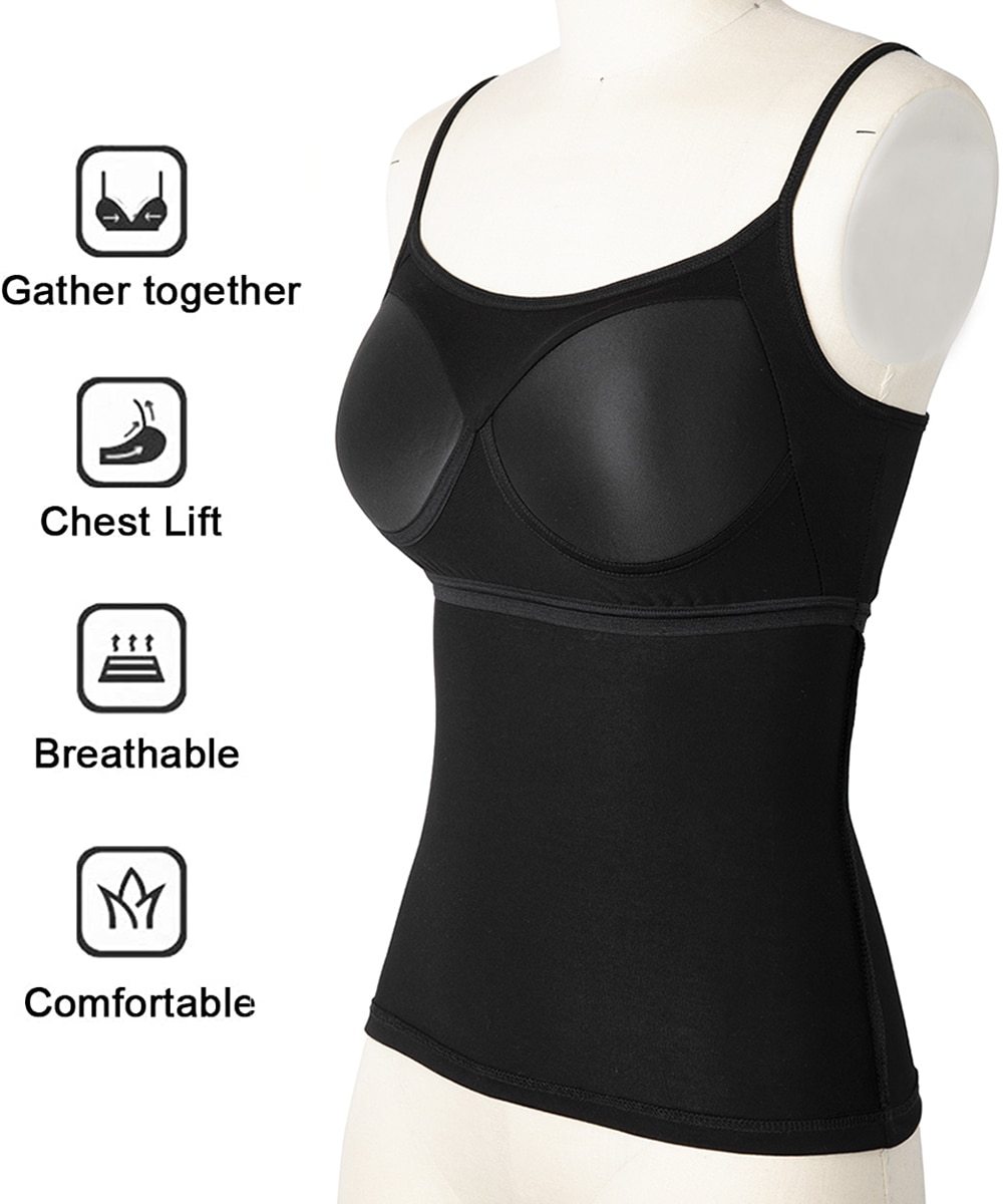 Women's Cotton Camisole with adjustable spaghetti straps and built-in padded shelf bra in black, white, and gray colors.