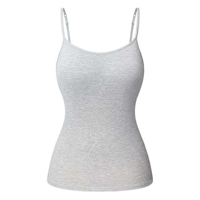 Women's Cotton Camisole with adjustable spaghetti straps and built-in padded shelf bra in black, white, and gray colors.