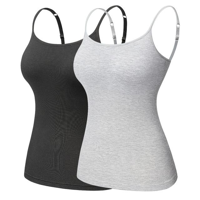 Women's Cotton Camisole with adjustable spaghetti straps and built-in padded shelf bra in black, white, and gray colors.