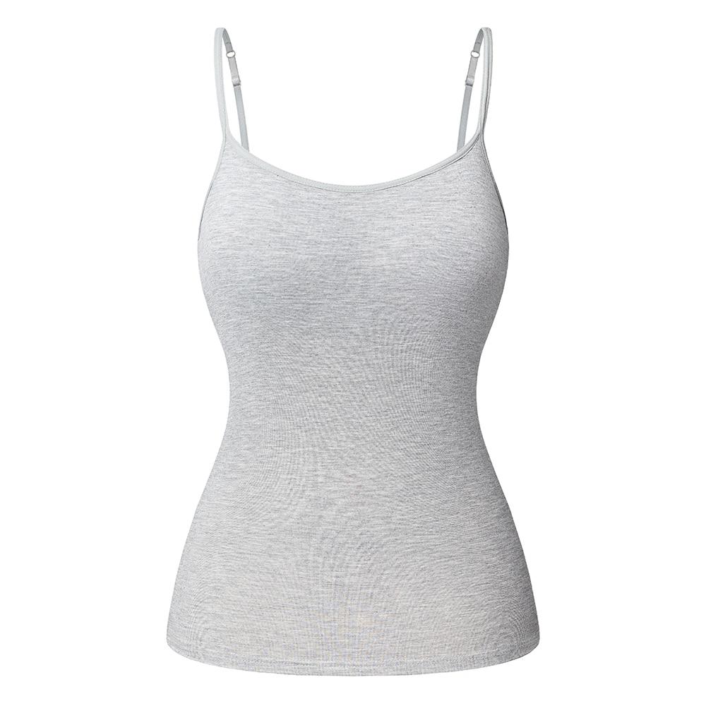 Women's Cotton Camisole with adjustable spaghetti straps and built-in padded shelf bra in black, white, and gray colors.