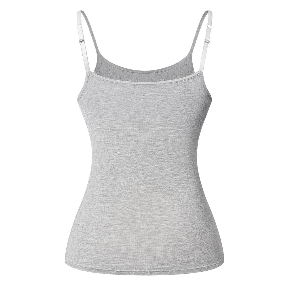 Women's Cotton Camisole with adjustable spaghetti straps and built-in padded shelf bra in black, white, and gray colors.