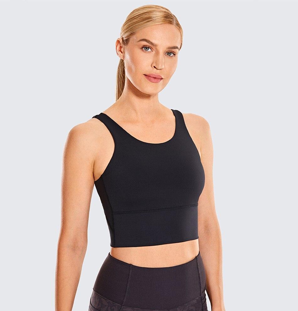 Women's High Neck Longline Sports Bra featuring a V-back design, wire-free support, and breathable fabric, perfect for workouts and yoga.