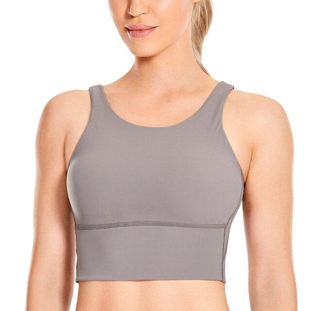 Women's High Neck Longline Sports Bra featuring a V-back design, wire-free support, and breathable fabric, perfect for workouts and yoga.