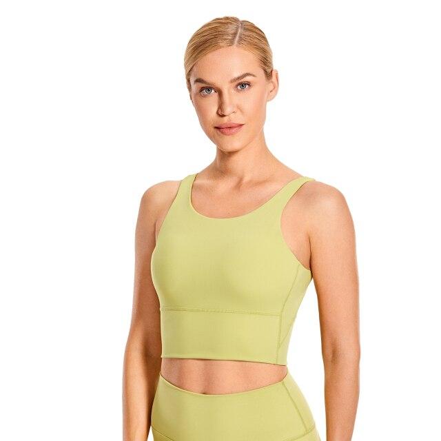 Women's High Neck Longline Sports Bra featuring a V-back design, wire-free support, and breathable fabric, perfect for workouts and yoga.