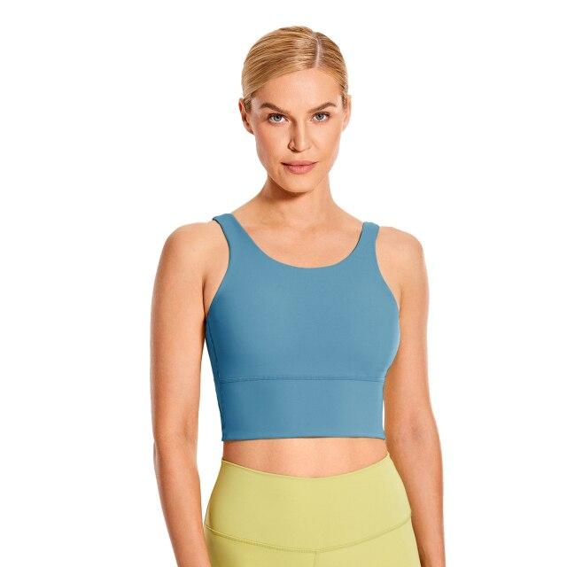 Women's High Neck Longline Sports Bra featuring a V-back design, wire-free support, and breathable fabric, perfect for workouts and yoga.