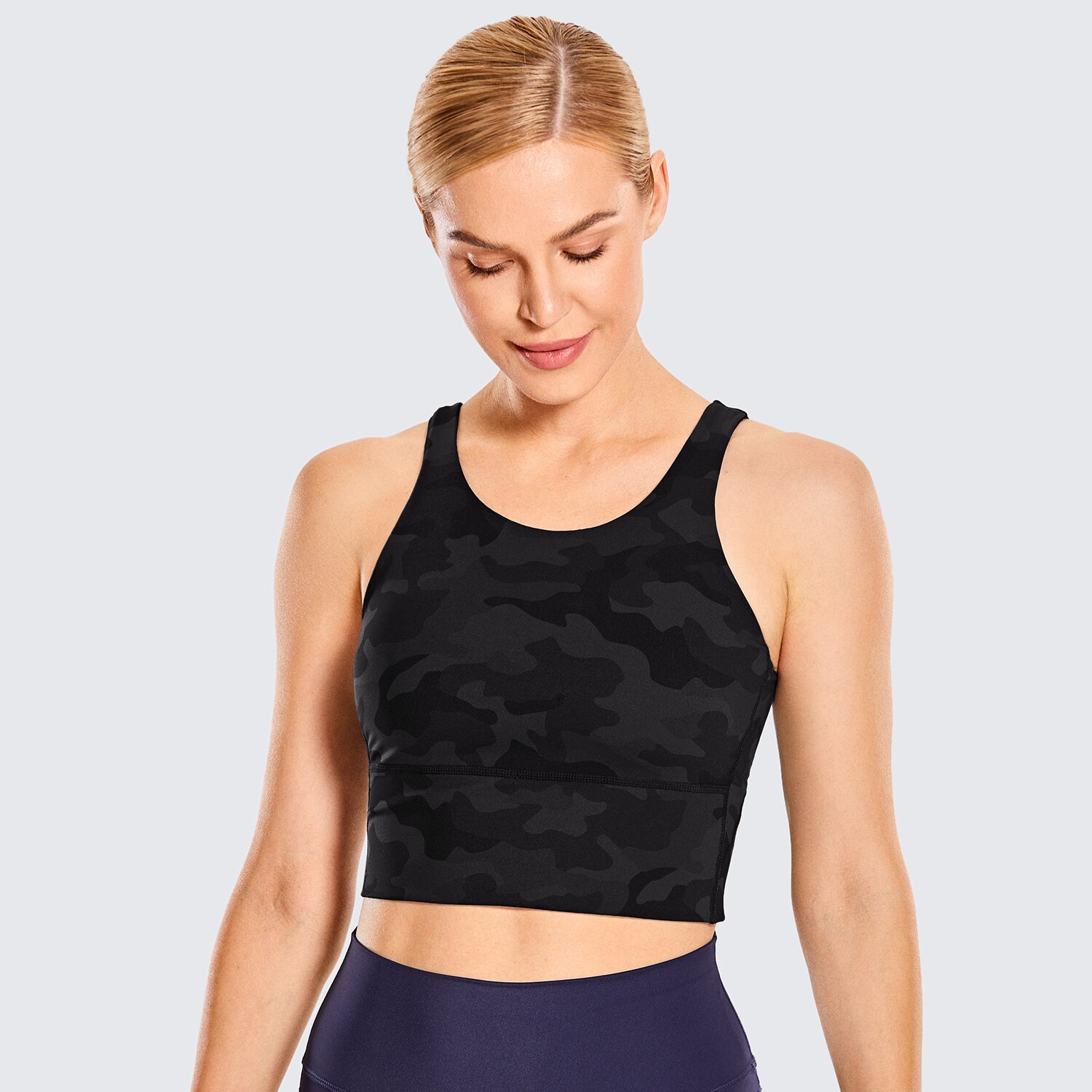 Women's High Neck Longline Sports Bra featuring a V-back design, wire-free support, and breathable fabric, perfect for workouts and yoga.