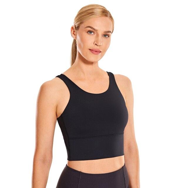 Women's High Neck Longline Sports Bra featuring a V-back design, wire-free support, and breathable fabric, perfect for workouts and yoga.