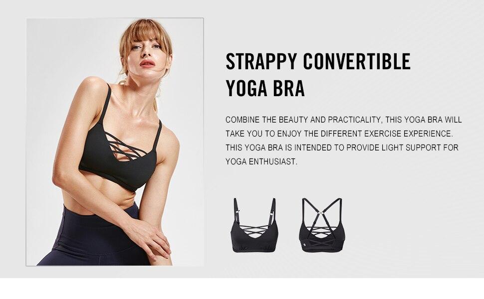 Women's Light Support Strappy Wirefree Yoga Bra in Black, showcasing removable pads and breathable fabric.