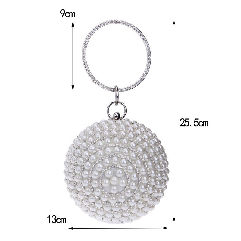 A stylish Women's Pearl Beaded Evening Bag featuring intricate pearl beads and a circular design, perfect for weddings and special occasions.