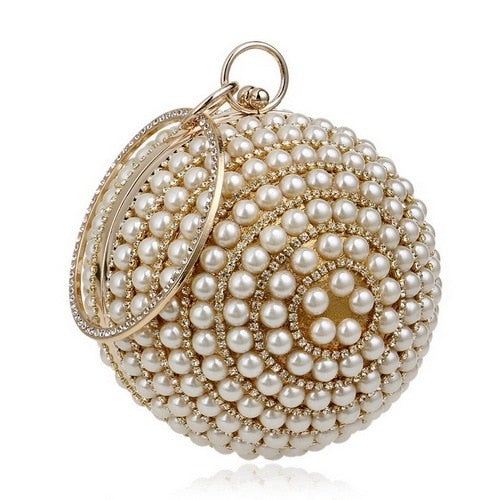 A stylish Women's Pearl Beaded Evening Bag featuring intricate pearl beads and a circular design, perfect for weddings and special occasions.