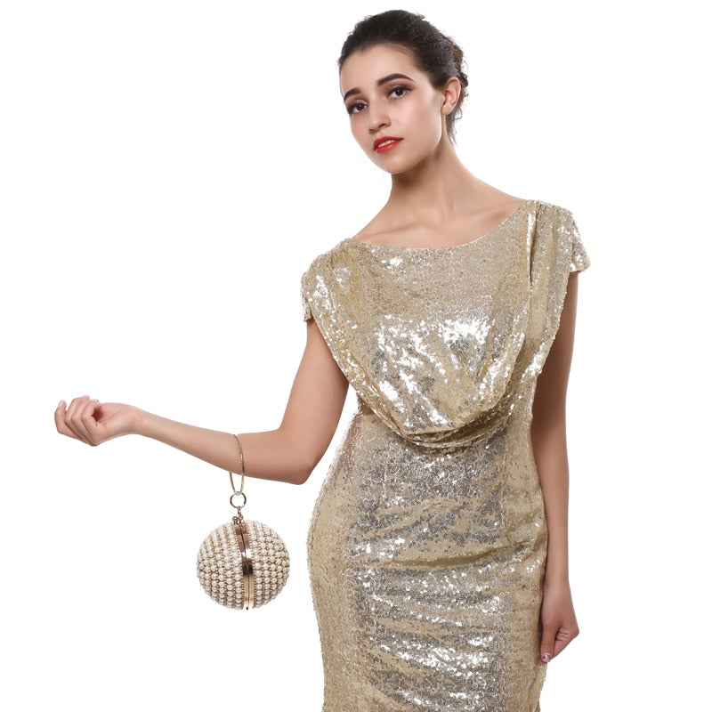 A stylish Women's Pearl Beaded Evening Bag featuring intricate pearl beads and a circular design, perfect for weddings and special occasions.