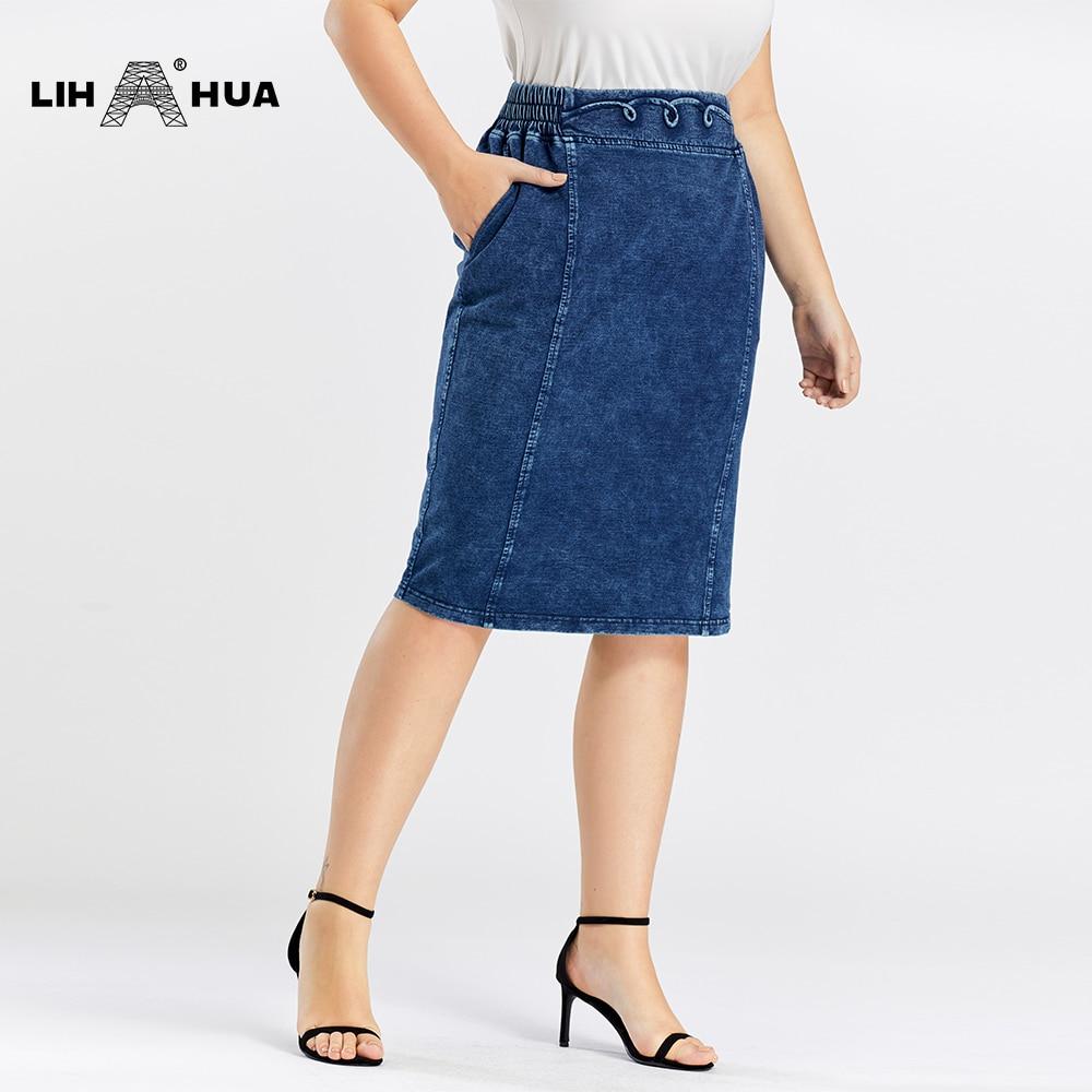 Women's Plus Size Casual Denim Skirt featuring a straight silhouette, knee-length design, made from soft cotton and spandex for high flexibility.