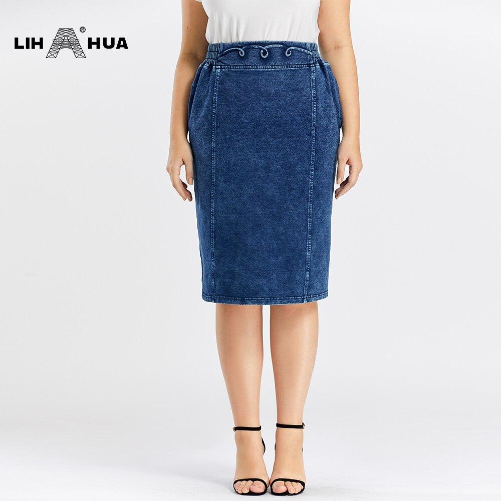 Women's Plus Size Casual Denim Skirt featuring a straight silhouette, knee-length design, made from soft cotton and spandex for high flexibility.