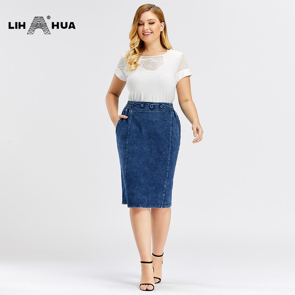 Women's Plus Size Casual Denim Skirt featuring a straight silhouette, knee-length design, made from soft cotton and spandex for high flexibility.