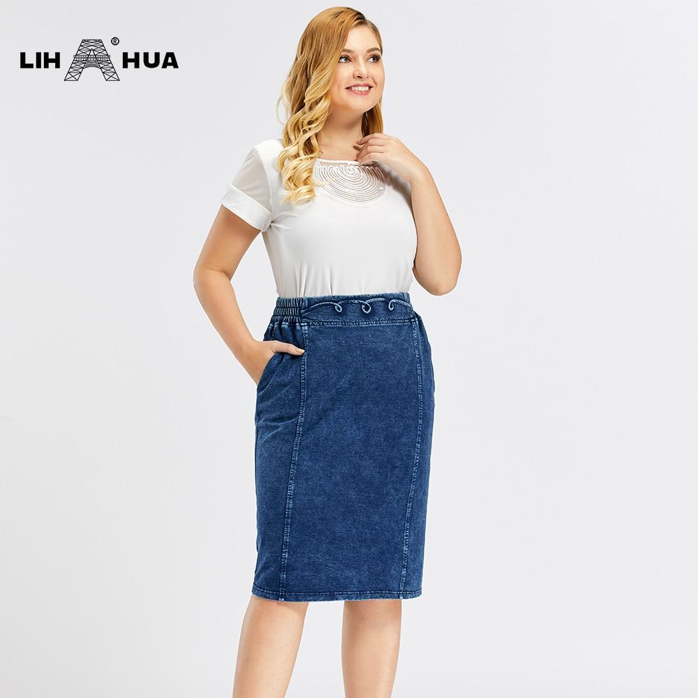 Women's Plus Size Casual Denim Skirt featuring a straight silhouette, knee-length design, made from soft cotton and spandex for high flexibility.