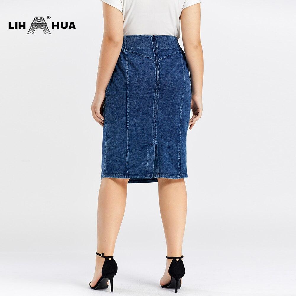 Women's Plus Size Casual Denim Skirt featuring a straight silhouette, knee-length design, made from soft cotton and spandex for high flexibility.