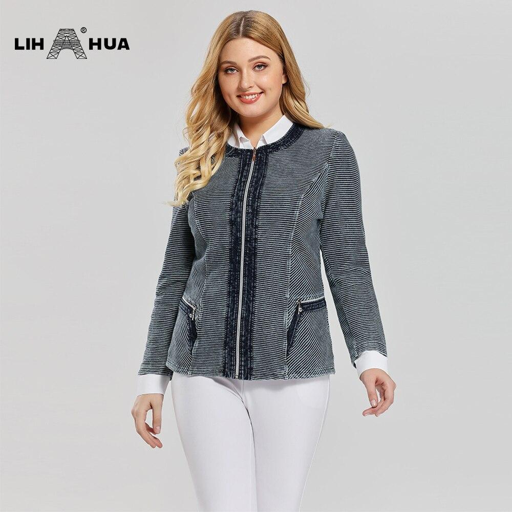 Women's Plus Size Casual Fashion Denim Jacket in premium stretch knitted denim with shoulder pads, featuring a zipper closure and full sleeves.