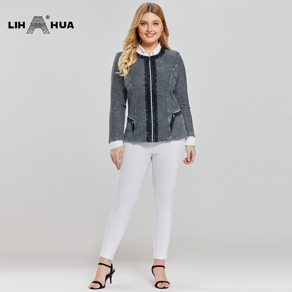 Women's Plus Size Casual Fashion Denim Jacket in premium stretch knitted denim with shoulder pads, featuring a zipper closure and full sleeves.