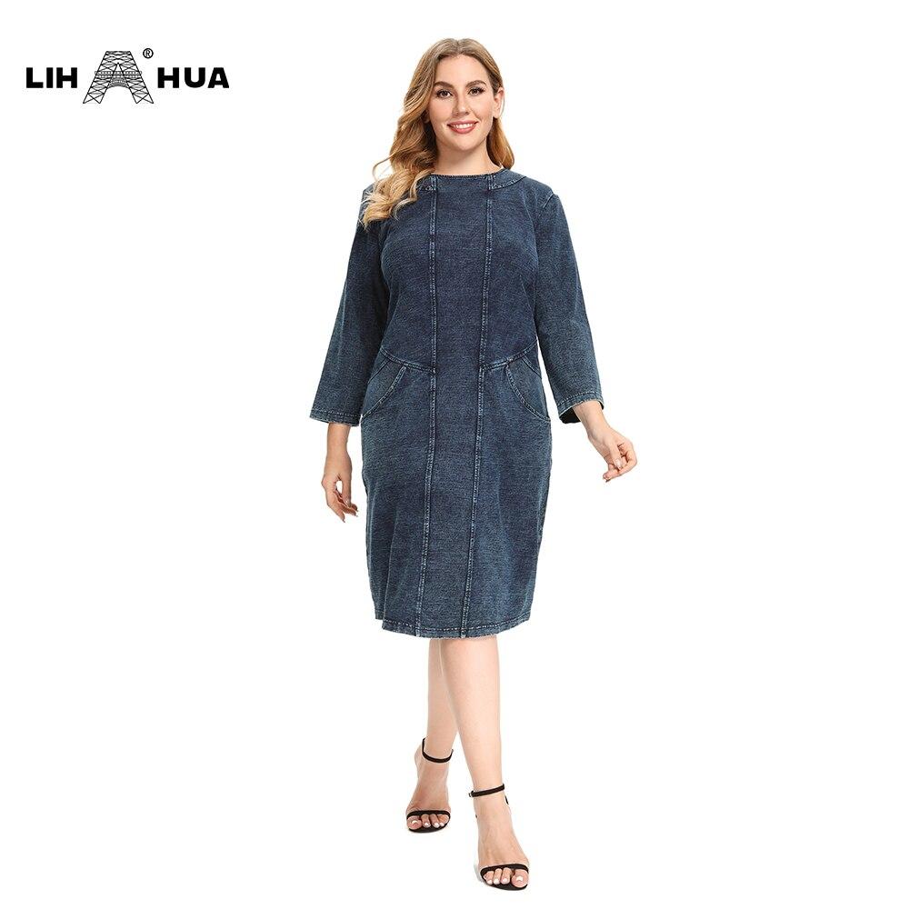 A stylish Women's Plus Size Denim Dress featuring a sheath silhouette, three-quarter sleeves, and shoulder pads, perfect for casual wear.