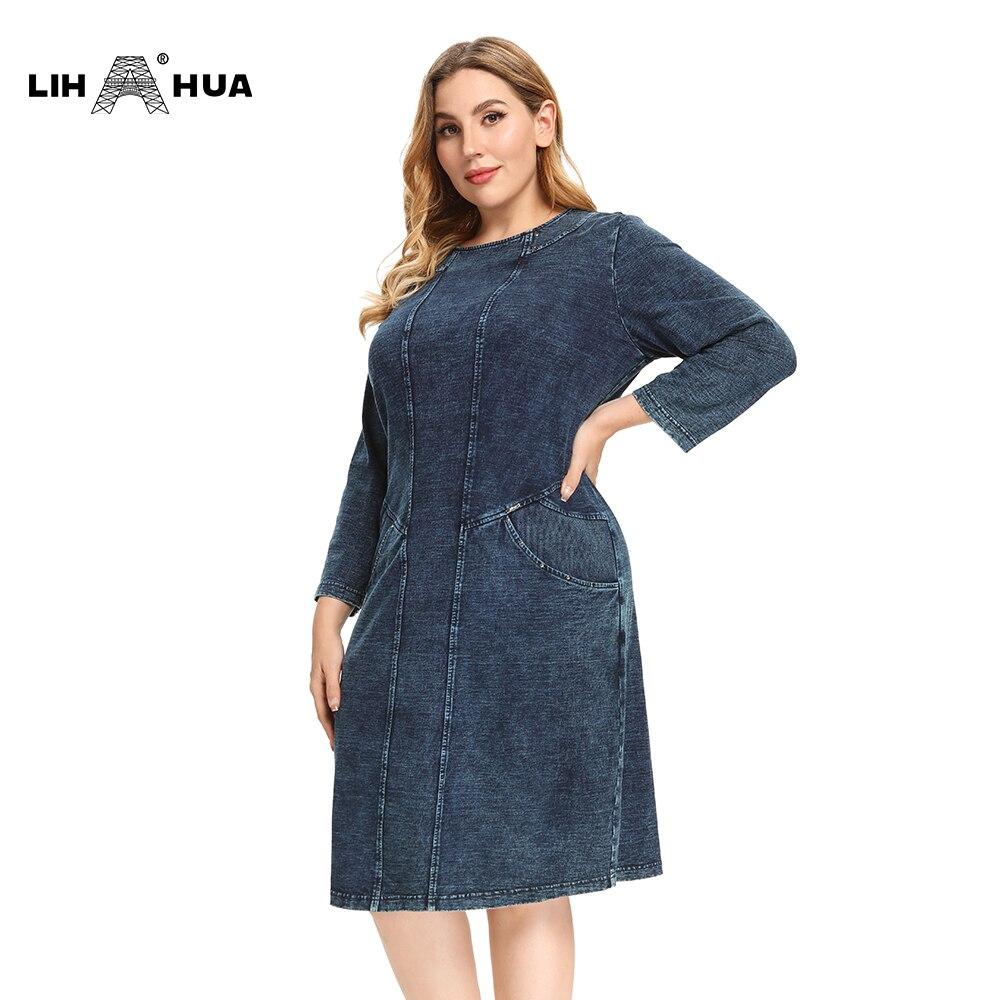 A stylish Women's Plus Size Denim Dress featuring a sheath silhouette, three-quarter sleeves, and shoulder pads, perfect for casual wear.