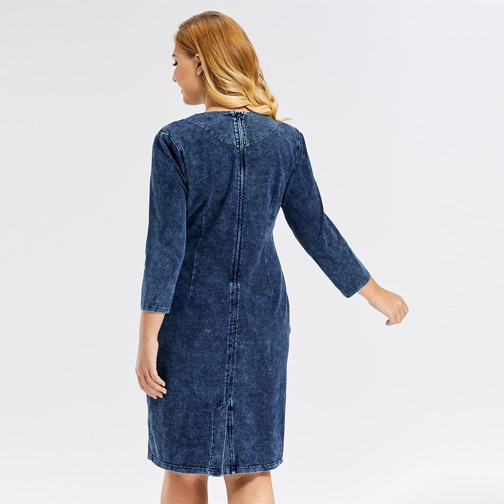 A stylish Women's Plus Size Denim Dress featuring a sheath silhouette, knee-length cut, and three-quarter sleeves, made from soft knitting cotton.