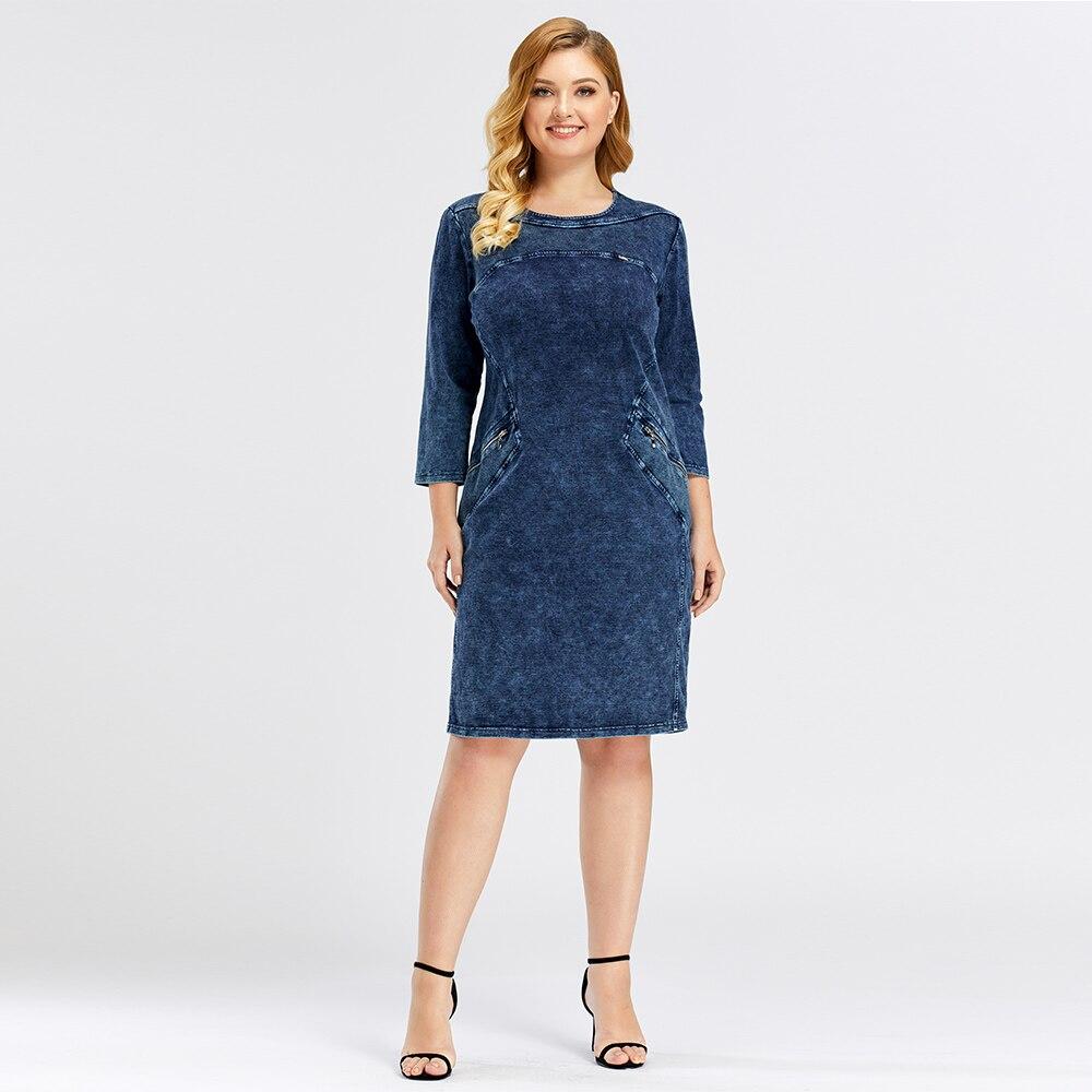 A stylish Women's Plus Size Denim Dress featuring a sheath silhouette, knee-length cut, and three-quarter sleeves, made from soft knitting cotton.