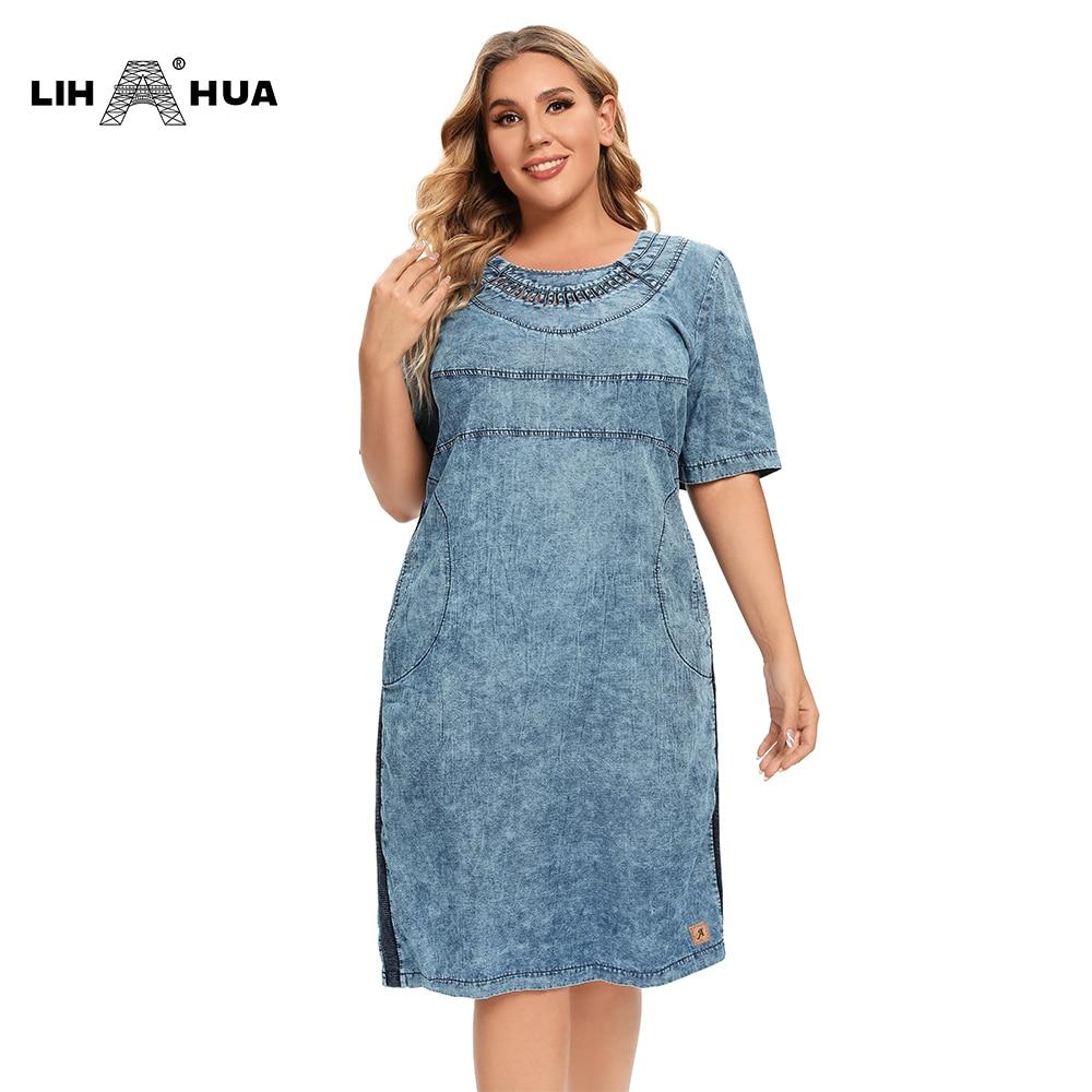 Women's Plus Size Denim Dress featuring a slim fit, knee-length design, short sleeves, and pockets, perfect for summer casual wear.